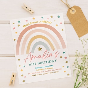 Faire-part d'anniversaire arc-en-ciel pour les filles, étoiles dorées arc-en-ciel moderne/bohème, modèle d'invitation d'anniversaire de filles amusant, téléchargement imprimable