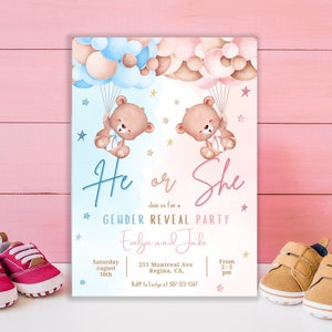 Modèle de toile d'invitation de révélation de sexe d'invitation d'ours en peluche