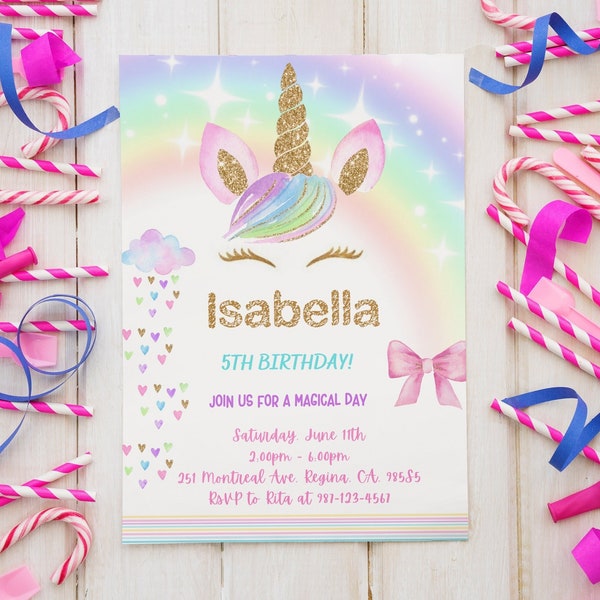 Unicorn Rainbow Birthday Party Invitation Template Instant Download Digital File Editable