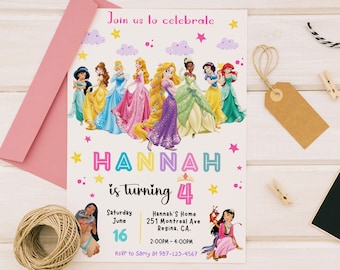 Modèle d'invitation d'anniversaire de princesse, modifiable, imprimable, téléchargement immédiat, invitation d'anniversaire de filles pour enfants, modèle sur toile