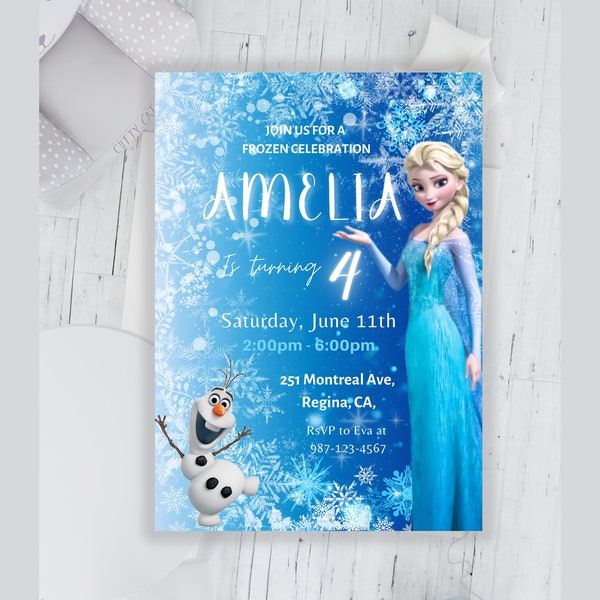 Zaproszenie FROZEN Elsa zaproszenie na urodziny Zimowy śnieg Urodziny do druku, edytowalne Natychmiastowe pobieranie Szablon Canva Frozen Invite