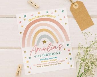 Girls Rainbow Birthday Invitation, Gold Stars, Editable Template (Digital Download)