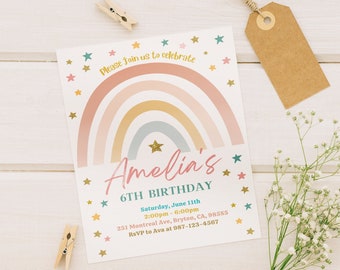 Faire-part d'anniversaire arc-en-ciel pour les filles, étoiles dorées arc-en-ciel moderne/bohème, modèle d'invitation d'anniversaire de filles amusant, téléchargement imprimable