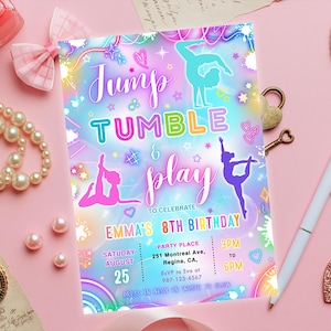 May include: A colorful invitation with the words "Jump, Tumble & Play" and details for Emma's 8th birthday party. The design features gymnastic figures, stars, and hearts in a vibrant, neon color scheme. The party is on August 25th.
