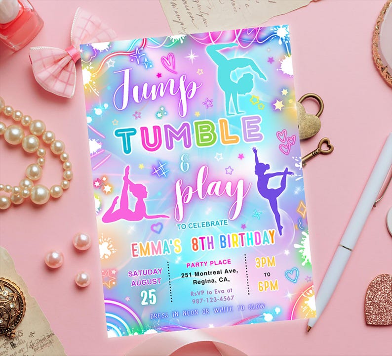 May include: A colorful invitation with the words "Jump, Tumble & Play" and details for Emma's 8th birthday party. The design features gymnastic figures, stars, and hearts in a vibrant, neon color scheme. The party is on August 25th.
