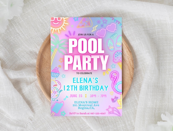 Neon Pool Party Invitation Swim Party Invite Swimming Party Editable Canva Template Instant Download Glow Neon Invite Girls