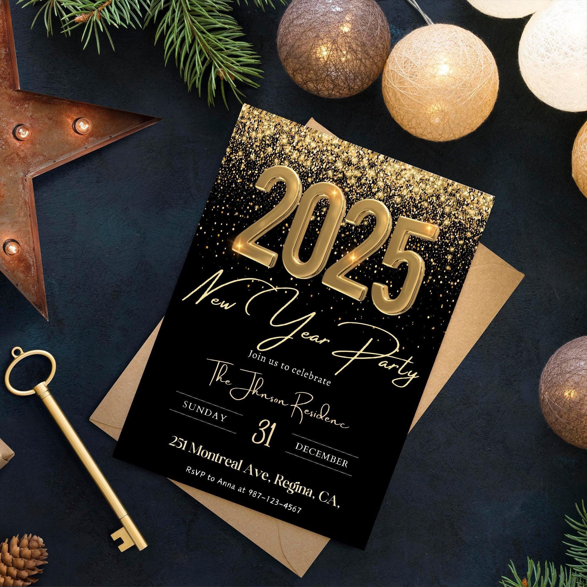 Silvesterpartyeinladung, Feiertagspartyeinladung, bearbeitbare Silvesterparty Canva Download Druckbar, Gold Glitter Silvester einladen 2024