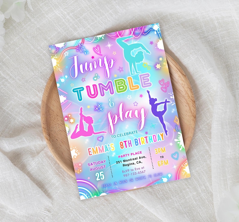 May include: A colorful invitation with the words "Jump, Tumble & Play" in a playful font, celebrating Emma's 8th birthday. The design includes gymnastic figures, hearts, stars, and a rainbow, with event details at the bottom.