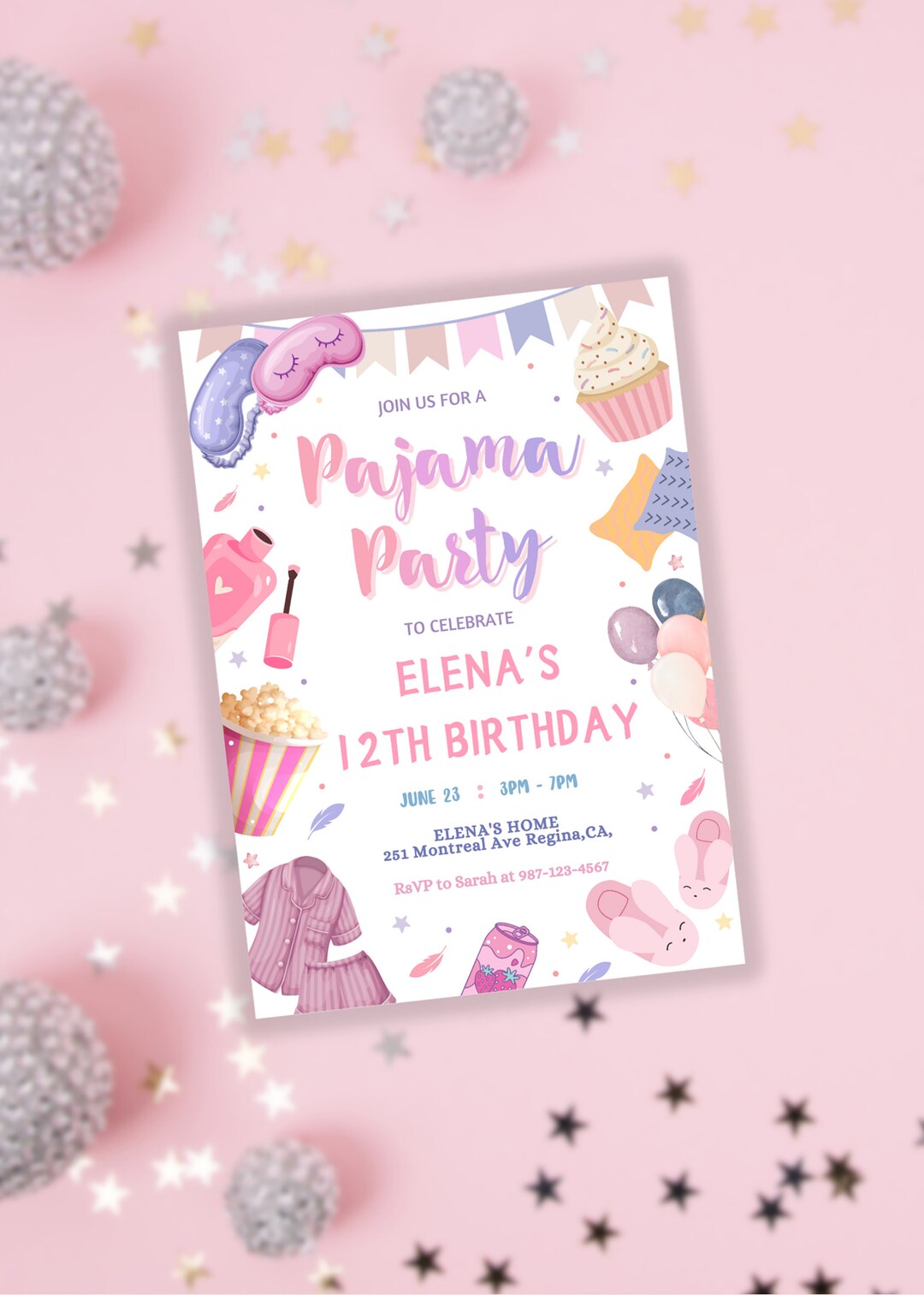 Invitación de cumpleaños para fiesta de pijamas, pijamada en spa, plantilla  editable de Canva (descarga digital) - Etsy México, image size:1080x1513