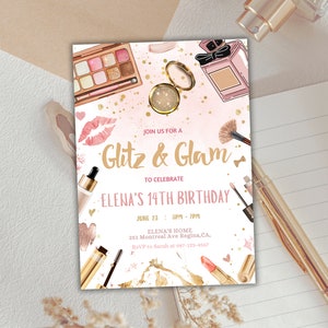 Bewerkbare glitter- en glamourparty roze en gouden spa-feestuitnodiging uitnodiging voor verjaardagsfeestje CANVA BEWERKBARE Instant download
