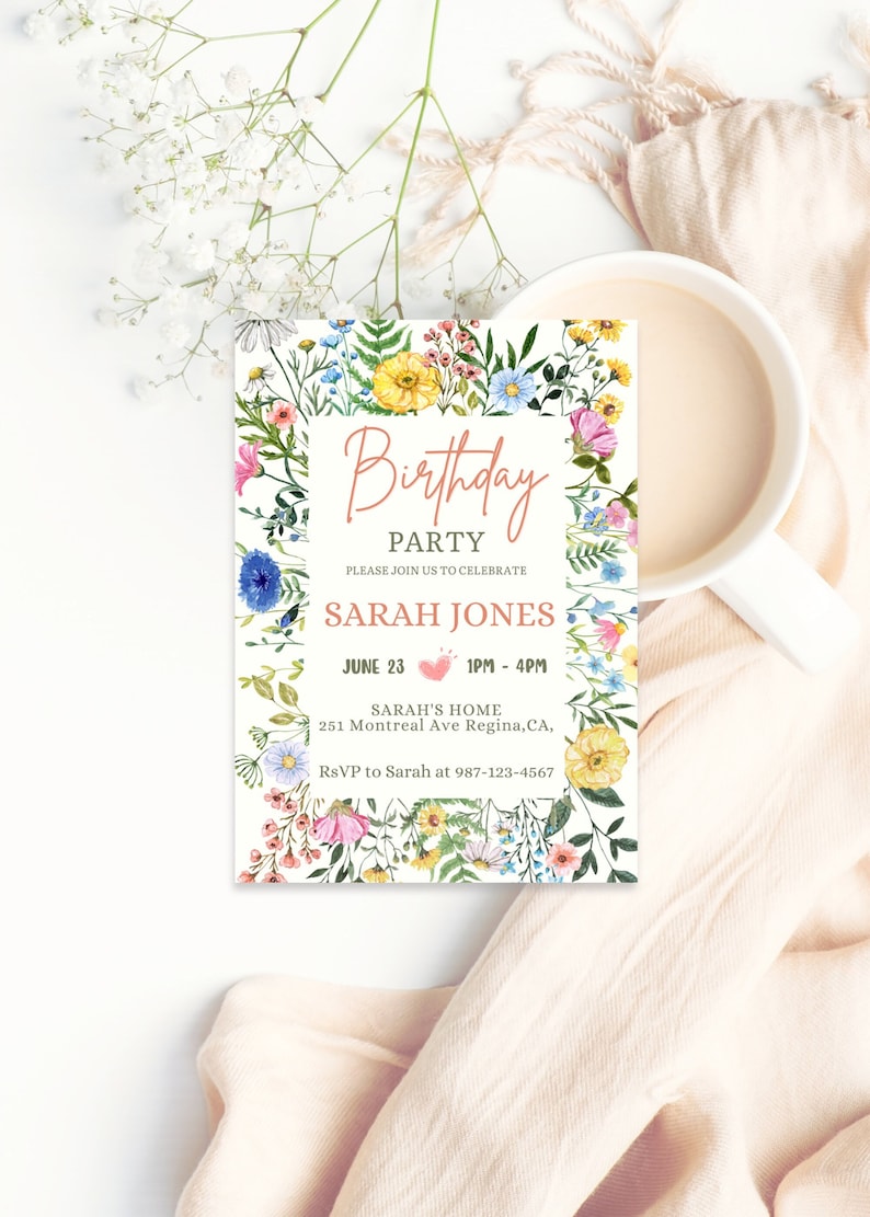 May include: A floral birthday party invitation with a pink heart and a footprint. The invitation says "Birthday Party" and includes the name "Sarah Jones", the date "June 23", the time "1PM-4PM", the address "251 Montreal Ave Regina, CA", and the RSVP information "RSVP to Sarah at 987-123-4567".