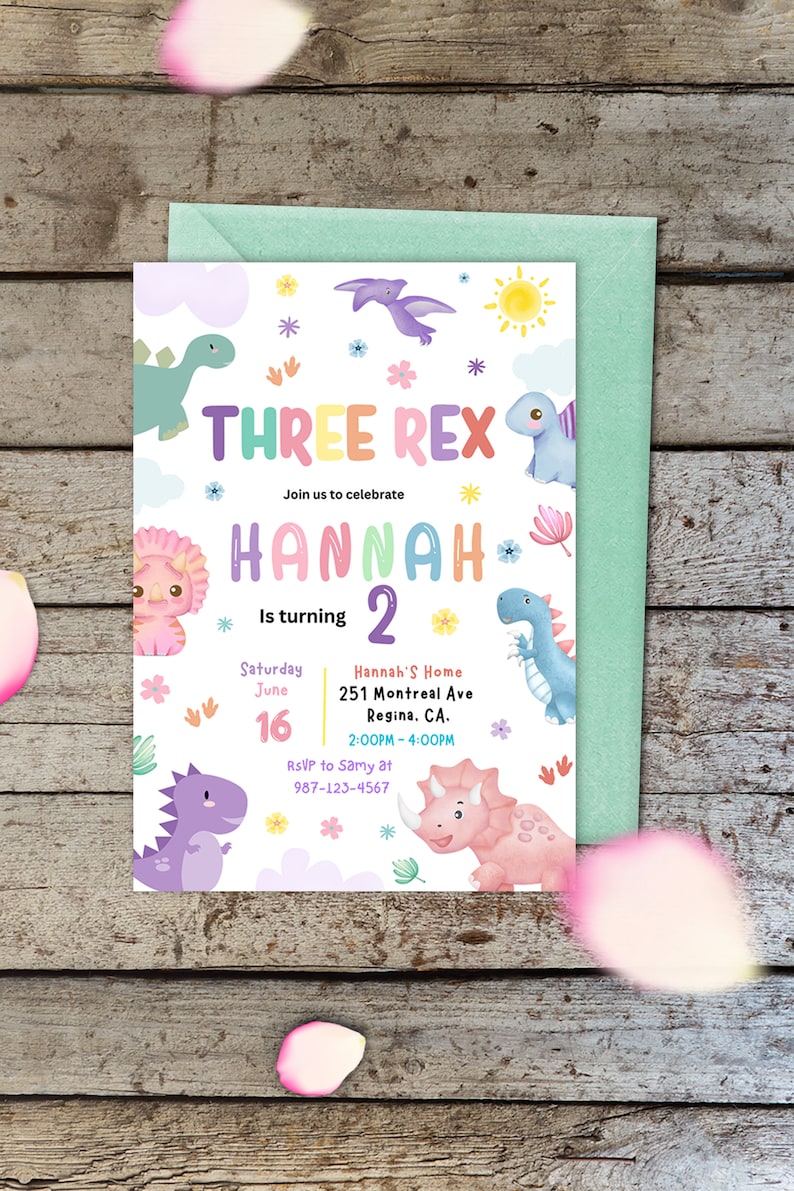 May include: A colorful invitation for a dinosaur themed birthday party for a girl turning two. The invitation features a rainbow colored text that says "Three Rex" and "Hannah is turning 2". The invitation also includes a date and time for the party, as well as the address and RSVP information.