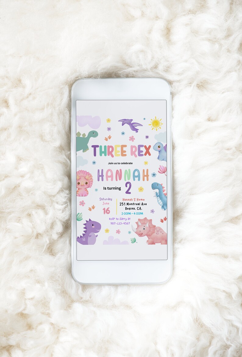 May include: A colorful dinosaur-themed birthday invitation for a child turning two. The invitation features a rainbow-colored text that says "Three Rex" and "Hannah is turning 2". The invitation also includes a variety of colorful dinosaurs and flowers.