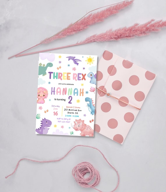 Dinosaur Birthday Invitation: Two Rex, Three Rex Invite (Canva, Digital Download)