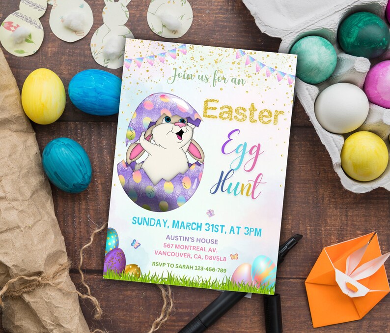 May include: A pastel pink, blue, and purple invitation with a white bunny rabbit peeking out of a purple and white speckled egg. The invitation says "Join us for an Easter Egg Hunt" and includes the date, time, and location of the event. RSVP information is also included.