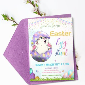 May include: An invitation to an Easter egg hunt with a cute bunny rabbit peeking out of an egg. The invitation is decorated with pastel colors and gold glitter. The text reads "Join us for an Easter Egg Hunt" and includes the date, time, and location of the event. RSVP to Sarah 123-456-789.
