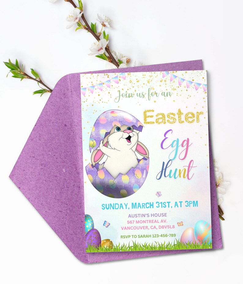 May include: An invitation to an Easter egg hunt with a cute bunny rabbit peeking out of an egg. The invitation is decorated with pastel colors and gold glitter. The text reads "Join us for an Easter Egg Hunt" and includes the date, time, and location of the event. RSVP to Sarah 123-456-789.