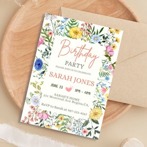 May include: A floral birthday party invitation with a white background and a border of colourful flowers. The text reads "Birthday Party" and "Please join us to celebrate Sarah Jones". The date and time of the party are listed as "June 23, 1 PM - 4 PM". The location is "Sarah's Home, 251 Montreal Ave Regina, CA". The RSVP information is "RSVP to Sarah at 987-123-4567".