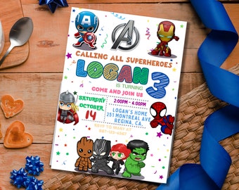 SuperHeroes verjaardagsuitnodiging uitnodigen Instant Download sjabloon bewerkbare afdrukbare helden verjaardag uitnodigen, kinderverjaardag