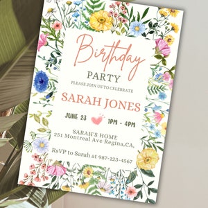 May include: A floral birthday party invitation with a white background and a border of colourful flowers. The text reads "Birthday Party" and "Please join us to celebrate Sarah Jones". The date and time of the party are June 23, 1 PM to 4 PM. The location is Sarah's Home, 251 Montreal Ave Regina, CA. The RSVP information is "RSVP to Sarah at 987-123-4567".