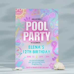 May include: A vibrant pool party invitation with a neon design. The invitation features the words "POOL PARTY" in large, bold letters, along with details for Elena's 12th birthday. The design includes illustrations of sunglasses, a sun, and a flamingo.
