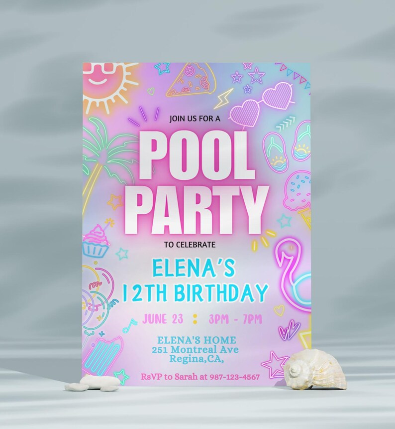 May include: A vibrant pool party invitation with a neon design. The invitation features the words "POOL PARTY" in large, bold letters, along with details for Elena's 12th birthday. The design includes illustrations of sunglasses, a sun, and a flamingo.