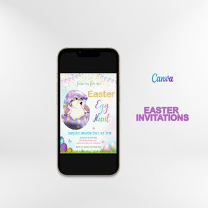 May include: A colorful Easter egg hunt invitation with a cartoon bunny peeking out of a purple and white speckled egg. The text reads "Join us for an Easter Egg Hunt" and includes the date, time, location, and RSVP information.