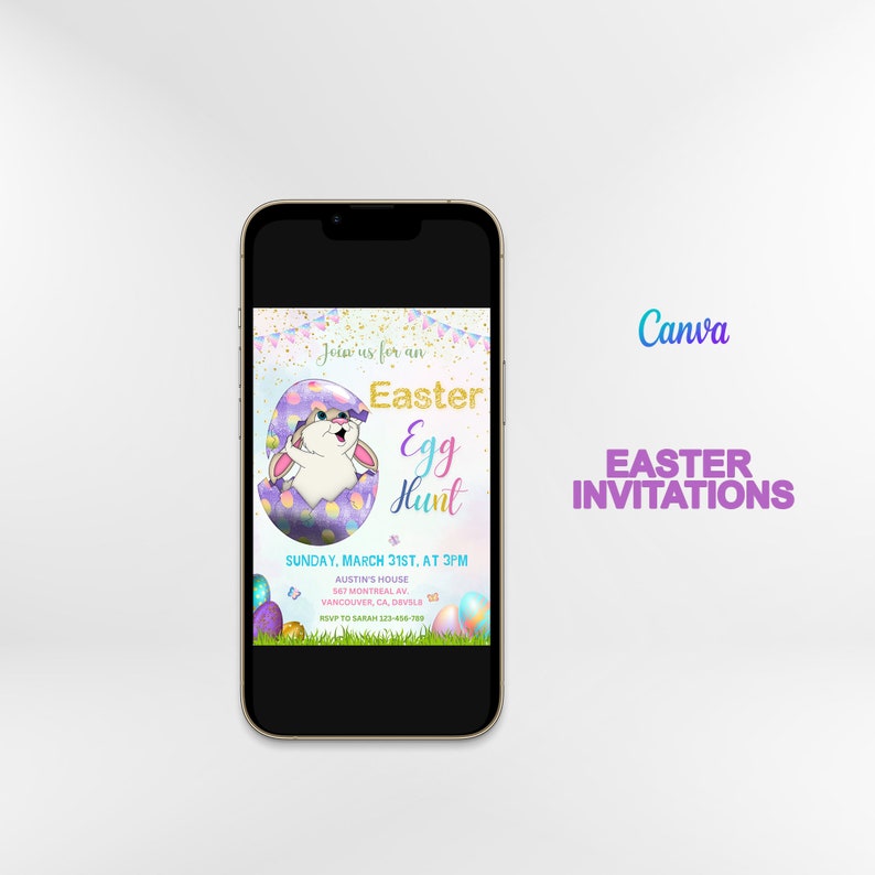 May include: A colorful Easter egg hunt invitation with a cartoon bunny peeking out of a purple and white speckled egg. The text reads "Join us for an Easter Egg Hunt" and includes the date, time, location, and RSVP information.