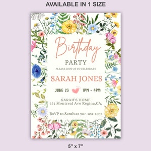 May include: A floral birthday party invitation with a white background and a pink heart. The text reads "Birthday Party" with the name "Sarah Jones" and the date "June 23" with the time "1PM - 4PM". The address is "Sarah's Home, 251 Montreal Ave Regina, CA" and the RSVP information is "RSVP to Sarah at 987-123-4567". The invitation is 12.7 cm by 17.8 cm.