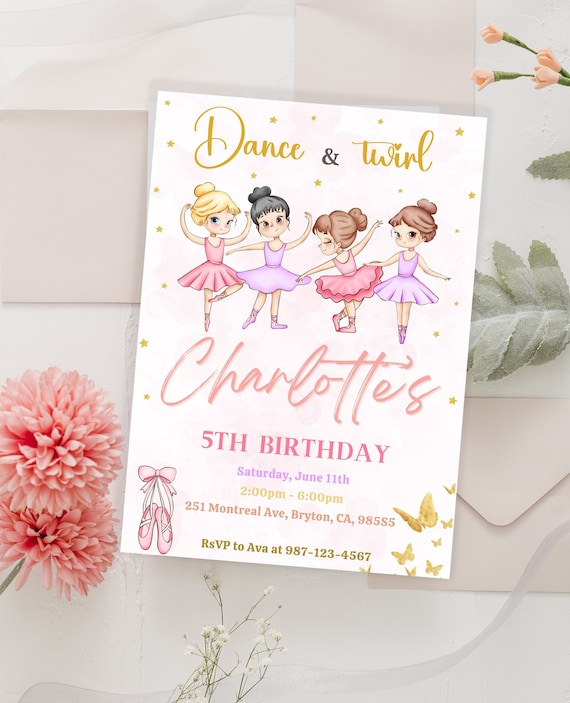 TheCardZoo Pink Gold Ballerina Ballet Children's Birthday Party Invitations – Set Of 8
