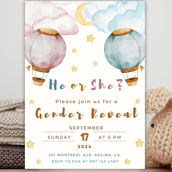 Boho Gender Reveal Invitation Invite Gender Reveal Invitation Hot Air Balloons Pink And Light Bue He or She  Canva Template