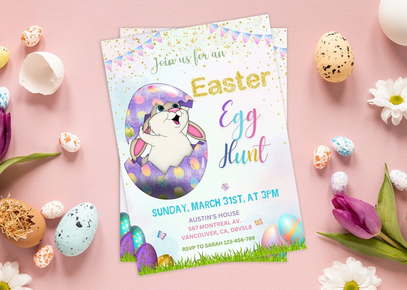 May include: A pastel pink invitation with a bunny rabbit peeking out of a purple and blue Easter egg. The invitation reads "Join us for an Easter Egg Hunt" and includes the date, time, and location of the event.