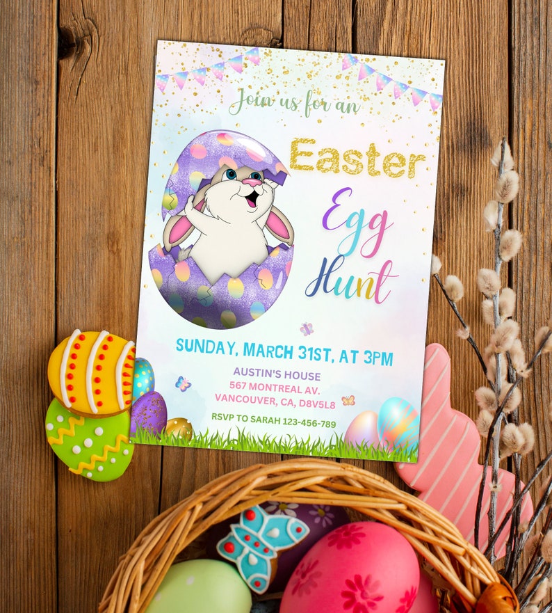 May include: An invitation to an Easter egg hunt with a bunny rabbit peeking out of a purple and white egg. The invitation includes the date, time, and location of the event. RSVP information is also included.