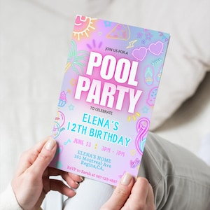 May include: A colorful pool party invitation with a gradient background of pink, purple, and blue. The invitation includes the text "POOL PARTY" in large white letters, along with details for Elena's 12th birthday, including the date, time, and location.