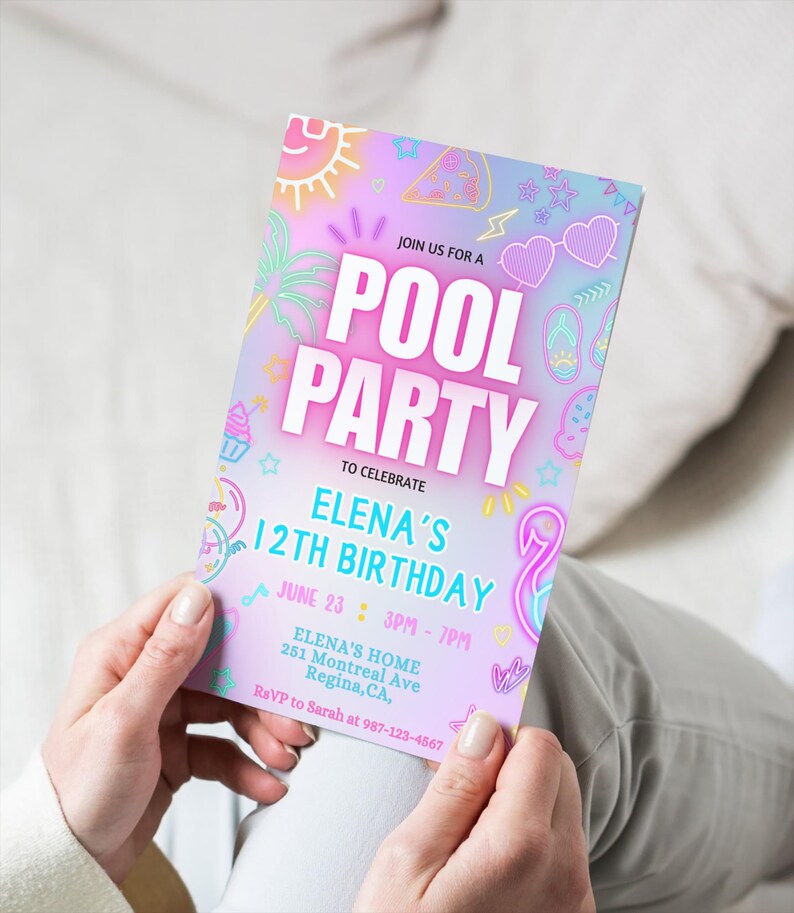May include: A colorful pool party invitation with a gradient background of pink, purple, and blue. The invitation includes the text "POOL PARTY" in large white letters, along with details for Elena's 12th birthday, including the date, time, and location.