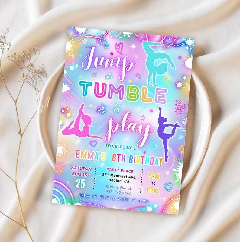 May include: A colorful invitation with the words "Jump, Tumble & Play" in a playful font. The invitation features gymnastic figures in pink, teal, and purple, with details for Emma's 8th birthday party.