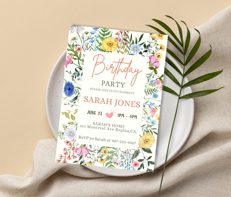 May include: A floral birthday party invitation with a white background and a pink and white floral border. The text reads "Birthday Party" in a cursive font with a pink heart. The invitation includes the name "Sarah Jones", the date "June 23", the time "1PM-4PM", the location "Sarah's Home, 251 Montreal Ave Regina, CA", and the RSVP information "RSVP to Sarah at 987-123-4567".