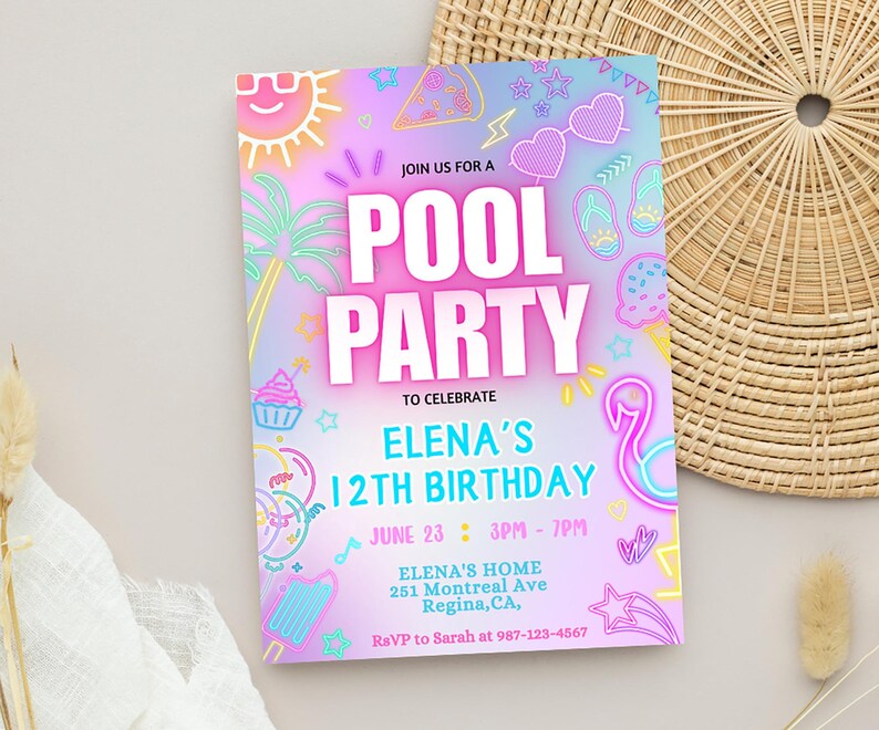 May include: A colorful pool party invitation with neon illustrations of a sun, palm tree, sunglasses, flip-flops, cupcake, ice cream, and a flamingo. The invitation reads "POOL PARTY" and "ELENA'S 12TH BIRTHDAY".