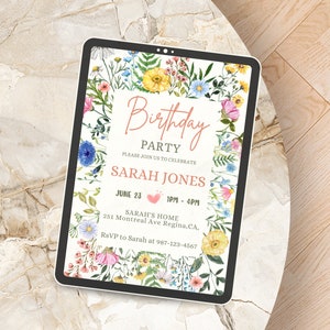 May include: A digital invitation with a floral border. The text reads "Birthday Party" and "Please join us to celebrate Sarah Jones". The date is June 23rd, the time is 1pm to 4pm, and the location is Sarah's Home, 251 Montreal Ave Regina, CA. The RSVP information is "RSVP to Sarah at 987-123-4567".