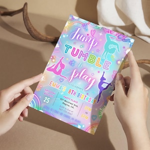 May include: A colorful invitation with the words "Jump, Tumble & Play" and "Emma's 8th Birthday." The design features gymnastic figures in pink, blue, and purple, with a rainbow and star theme. The invitation includes event details.