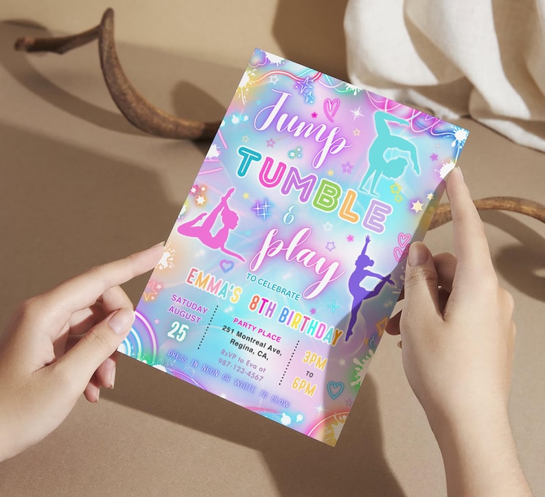 May include: A colorful invitation with the words "Jump, Tumble & Play" and "Emma's 8th Birthday." The design features gymnastic figures in pink, blue, and purple, with a rainbow and star theme. The invitation includes event details.