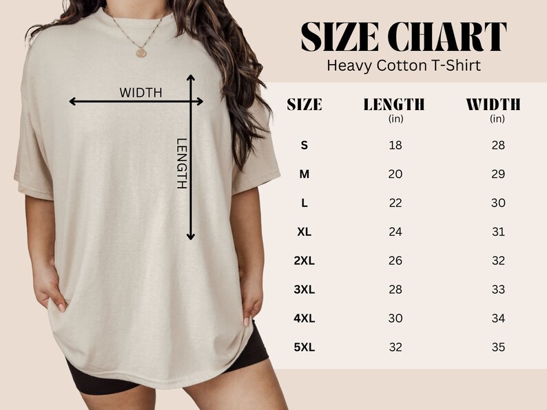 May include: Size chart for a heavy cotton t-shirt. The chart shows the length and width in inches for sizes S through 5XL.