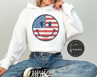 Smiley Face Shirt, Hoodie, 4th Of July, Retro Smile Face, Trendy Vintage, Smiley flag, Cute Summer, USA, Happy Face, Patriotic, Sweatshirt