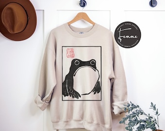 Unimpressed Frog Sweatshirt- Grumpy Frog Hoodie- Japanese Aesthetic by Matsumoto Hoji, Unisex Sweatshirt, Vintage Style Art Sweatshirt