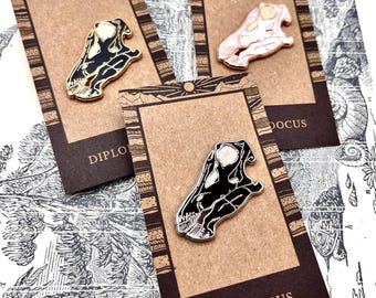 Puede incluir: Tres pines de esmalte con un diseño de calavera de Diplodocus. Los pines son negros, dorados y blancos, y se muestran en tarjetas marrones con la palabra "Diplodocus". El fondo es una superficie blanca rota estampada.