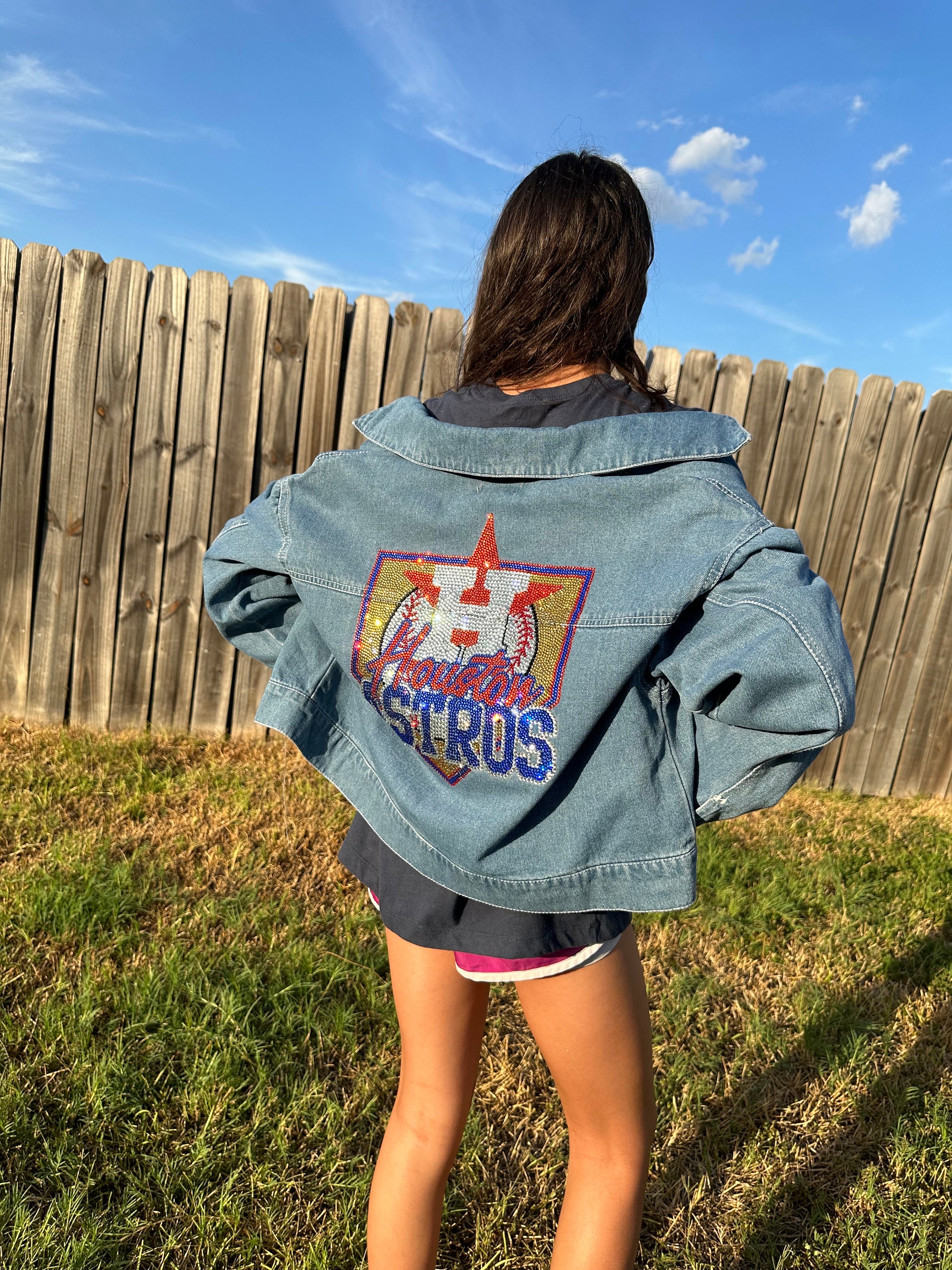 Astros Rhinestone Jean Jacket: Bling Denim Baseball Jacket - Etsy