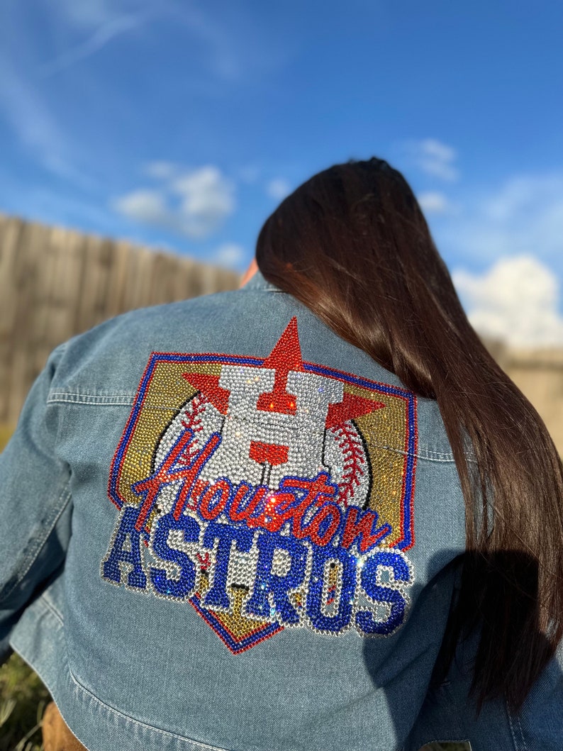 Astros Rhinestone Jean Jacket: Bling Denim Baseball Jacket - Etsy