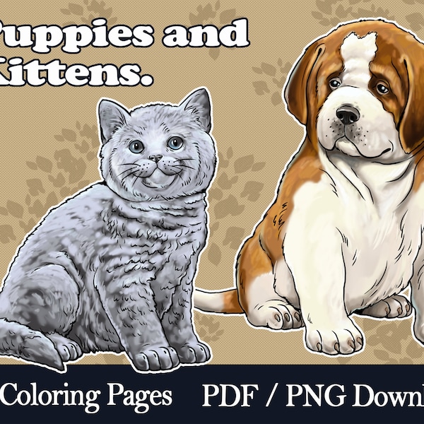 Puppies and Kittens. 30 Coloring Pages with Cute Baby Animals to Color in  (Printable, PDF and PNG Download).