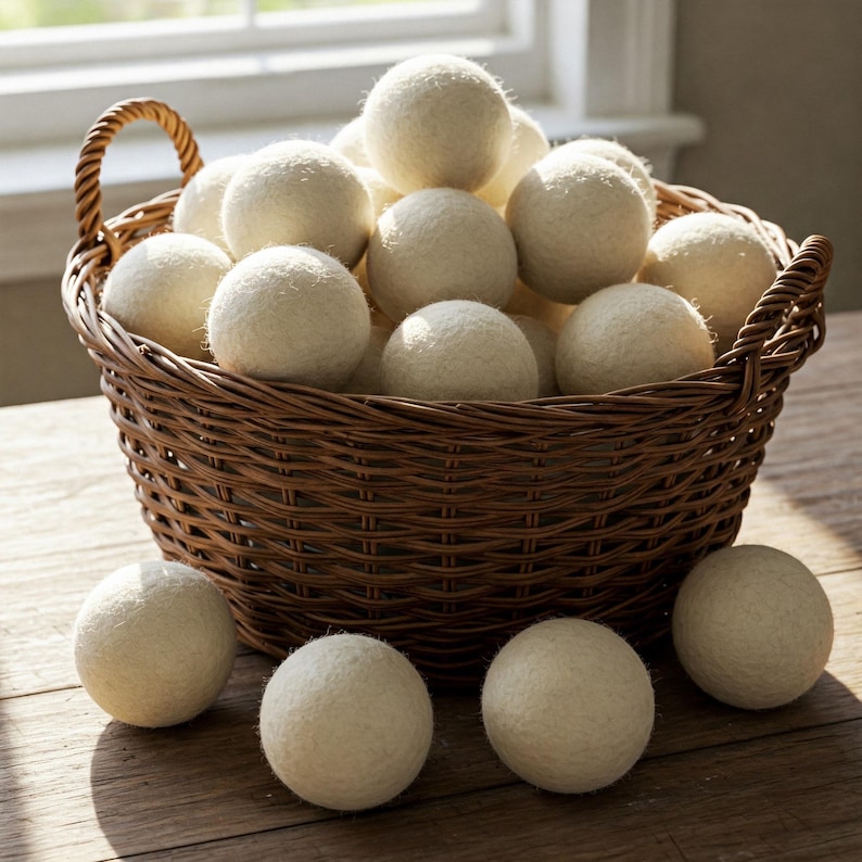 Peut inclure: Un panier en osier rempli de boules de s&eacute;chage en laine blanche. Le panier est pos&eacute; sur une surface en bois avec quatre boules de s&eacute;chage suppl&eacute;mentaires &eacute;parpill&eacute;es autour.