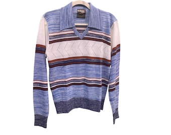 Vintage randig stickad tröja Grandpa Core blå krage pullover Retro Indie L